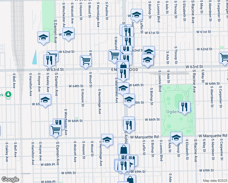map of restaurants, bars, coffee shops, grocery stores, and more near 6435 South Paulina Street in Chicago