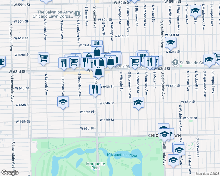 map of restaurants, bars, coffee shops, grocery stores, and more near 6421 South Albany Avenue in Chicago