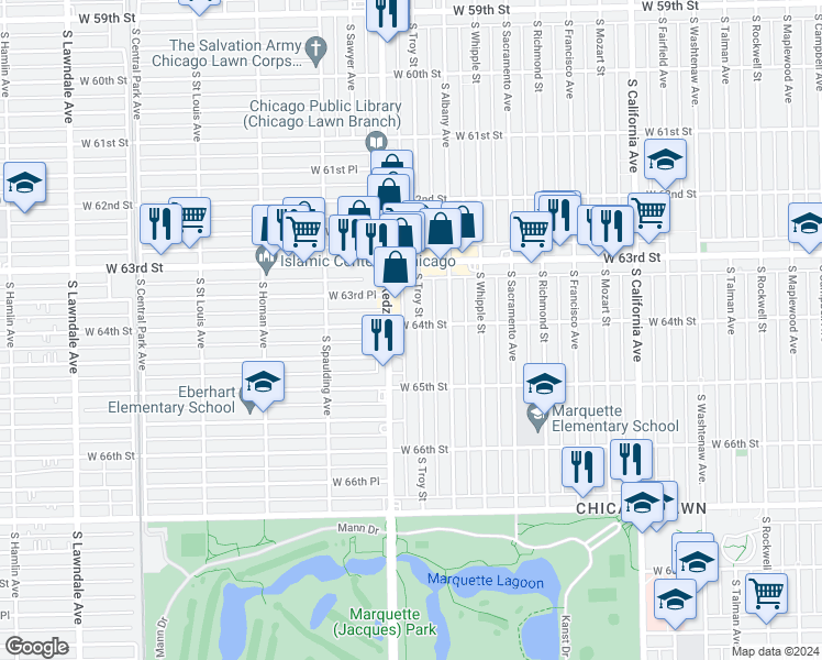 map of restaurants, bars, coffee shops, grocery stores, and more near 6418 South Troy Street in Chicago