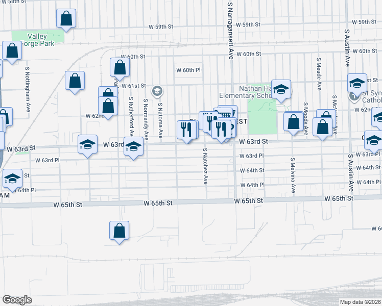 map of restaurants, bars, coffee shops, grocery stores, and more near 6519 West 63rd Place in Chicago