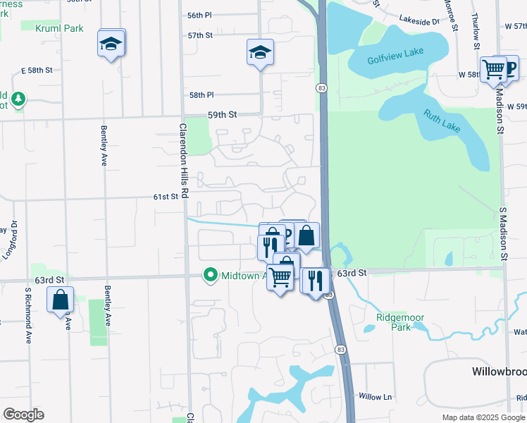 map of restaurants, bars, coffee shops, grocery stores, and more near 6156 Knoll Way Drive in Willowbrook
