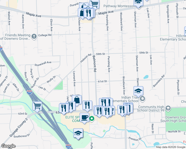 map of restaurants, bars, coffee shops, grocery stores, and more near 6093 Puffer Road in Downers Grove
