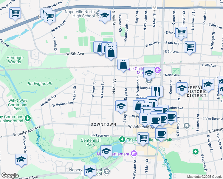 map of restaurants, bars, coffee shops, grocery stores, and more near 419 West Franklin Avenue in Naperville