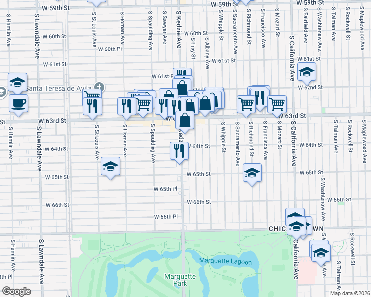 map of restaurants, bars, coffee shops, grocery stores, and more near 3149 West 64th Street in Chicago