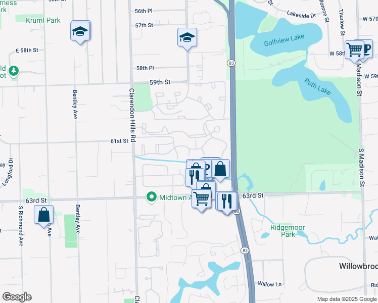 map of restaurants, bars, coffee shops, grocery stores, and more near 6156 Knoll Way Drive in Willowbrook