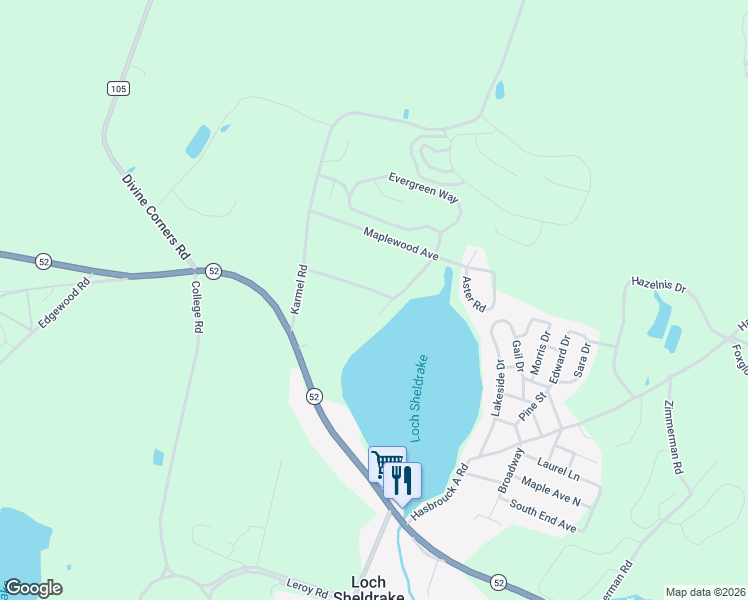 map of restaurants, bars, coffee shops, grocery stores, and more near 7 Woodland Townhouse Road in Loch Sheldrake