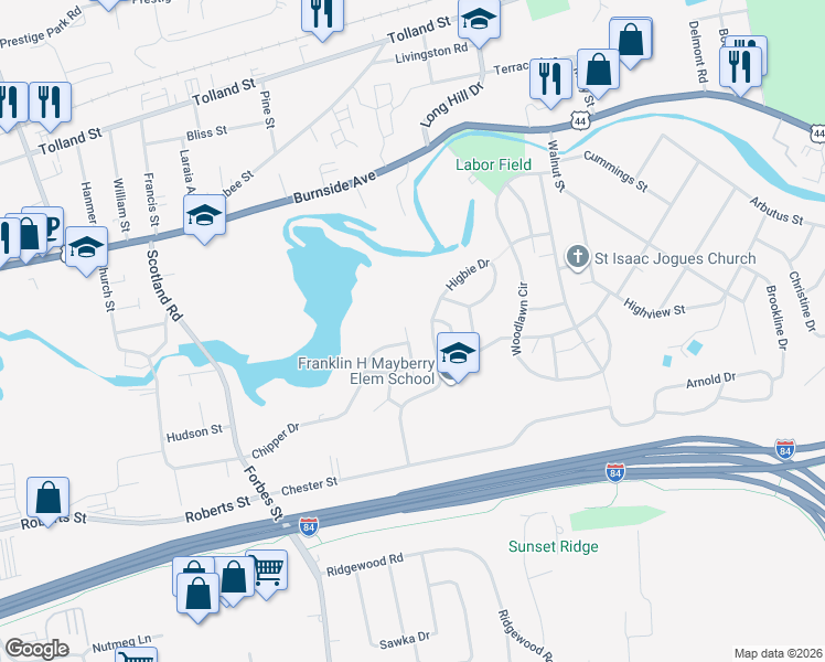 map of restaurants, bars, coffee shops, grocery stores, and more near 6 Driver Road in East Hartford