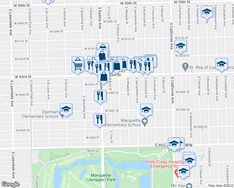 map of restaurants, bars, coffee shops, grocery stores, and more near 6421 South Albany Avenue in Chicago