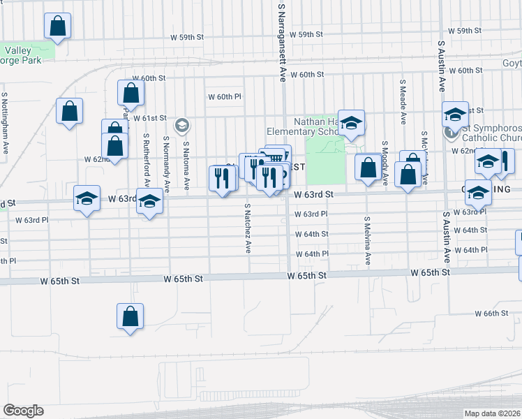 map of restaurants, bars, coffee shops, grocery stores, and more near 6447 West 63rd Place in Chicago