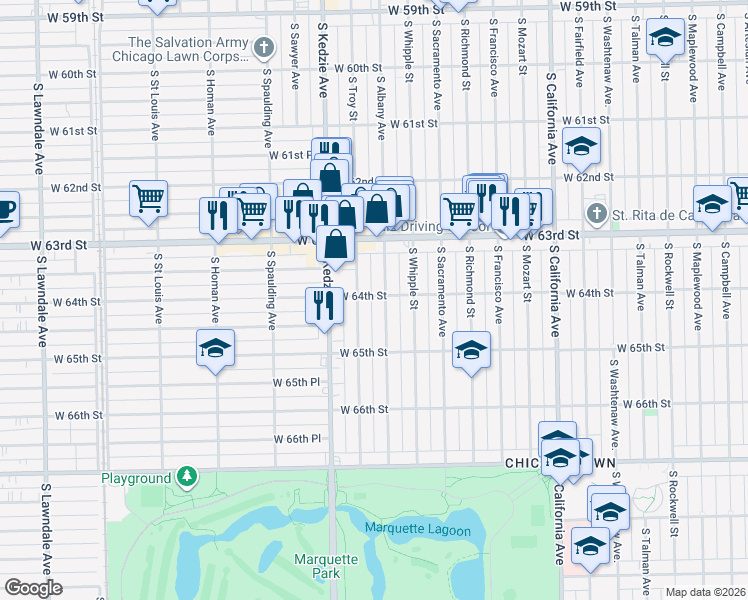 map of restaurants, bars, coffee shops, grocery stores, and more near 3111 West 64th Street in Chicago