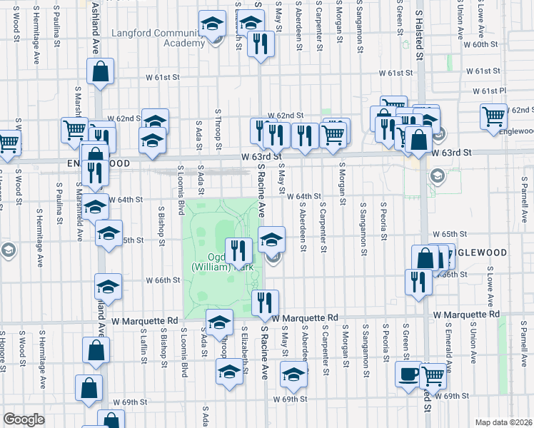 map of restaurants, bars, coffee shops, grocery stores, and more near 6441 South Racine Avenue in Chicago