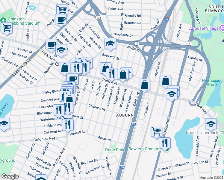 map of restaurants, bars, coffee shops, grocery stores, and more near Greenwood Street in Cranston