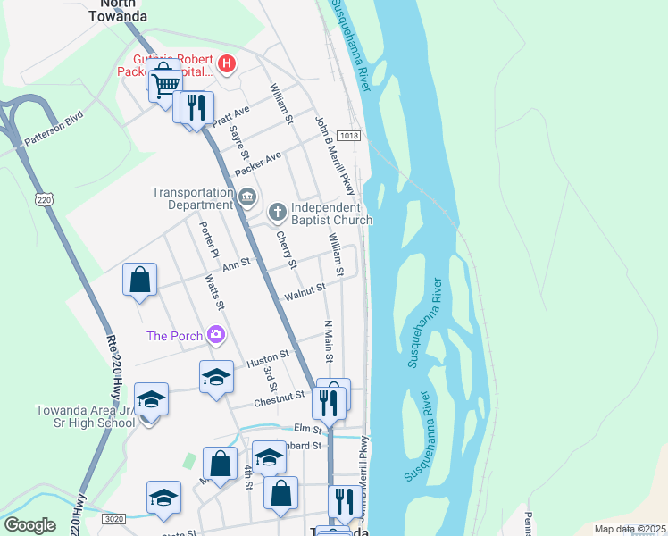 map of restaurants, bars, coffee shops, grocery stores, and more near 25 Walnut Street in Towanda