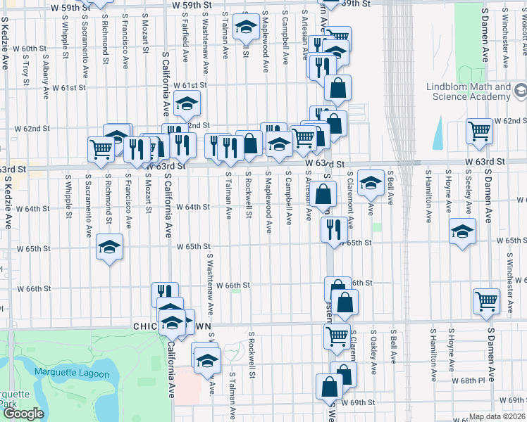 map of restaurants, bars, coffee shops, grocery stores, and more near 6429 South Maplewood Avenue in Chicago