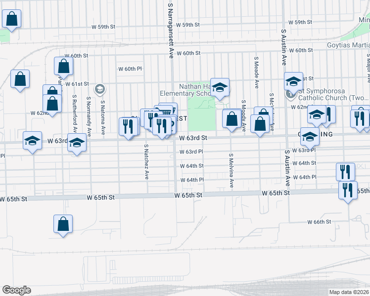 map of restaurants, bars, coffee shops, grocery stores, and more near 6329 West 63rd Place in Chicago