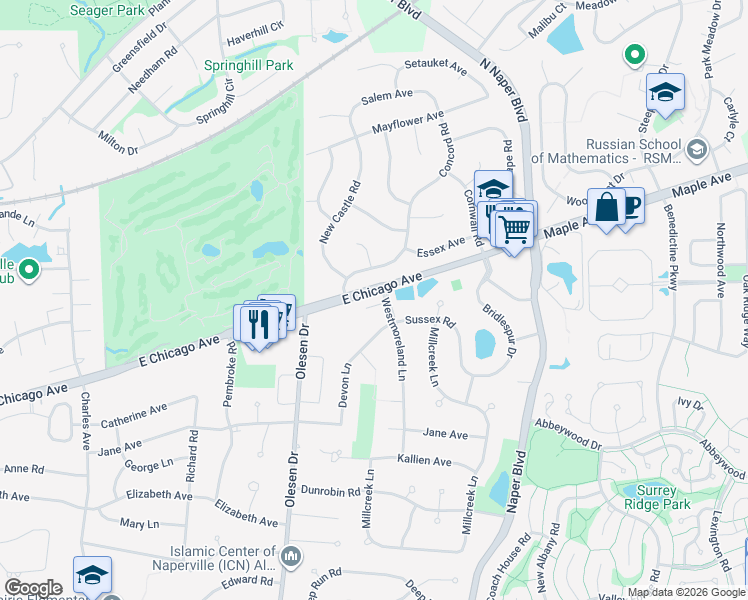 map of restaurants, bars, coffee shops, grocery stores, and more near 1361 Sussex Road in Naperville