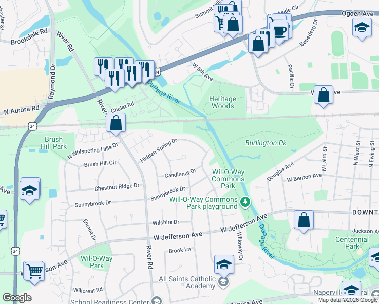 map of restaurants, bars, coffee shops, grocery stores, and more near 1116 Laureli Circle in Naperville