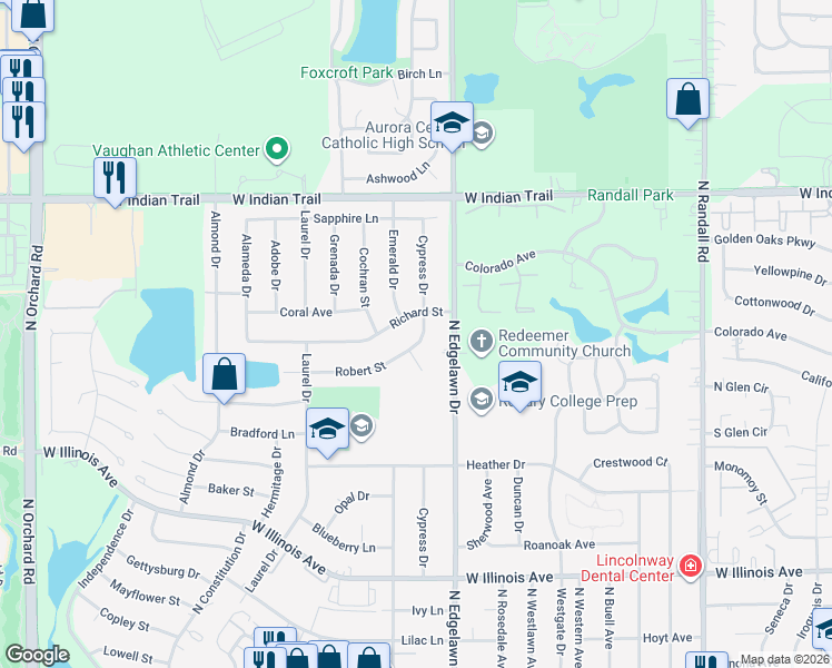 map of restaurants, bars, coffee shops, grocery stores, and more near 1864 Robert Court in Aurora