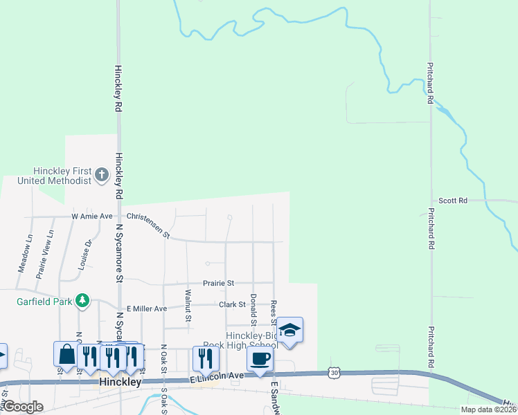 map of restaurants, bars, coffee shops, grocery stores, and more near 631 Rees Street in Hinckley
