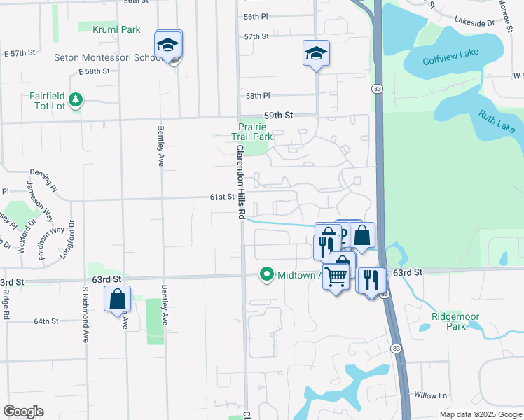 map of restaurants, bars, coffee shops, grocery stores, and more near 248 Brookside Lane in Willowbrook