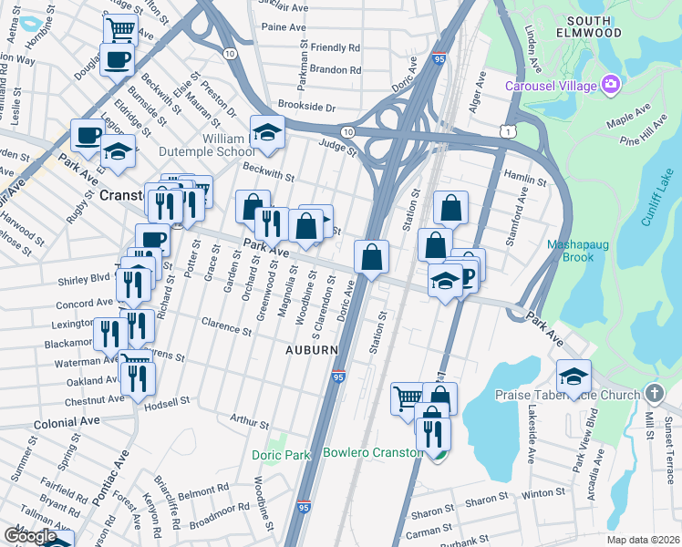 map of restaurants, bars, coffee shops, grocery stores, and more near 664 Park Avenue in Cranston