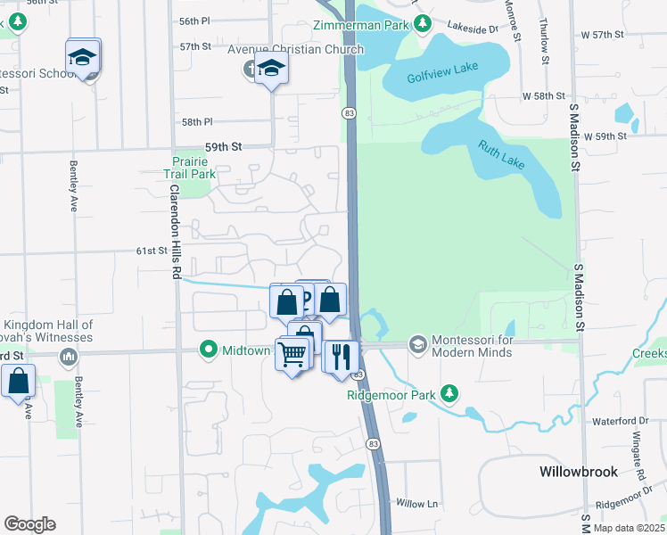 map of restaurants, bars, coffee shops, grocery stores, and more near 6106 Knoll Valley Drive in Willowbrook