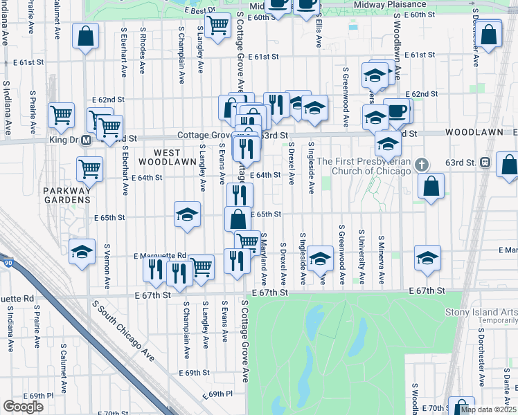 map of restaurants, bars, coffee shops, grocery stores, and more near 6452 South Maryland Avenue in Chicago