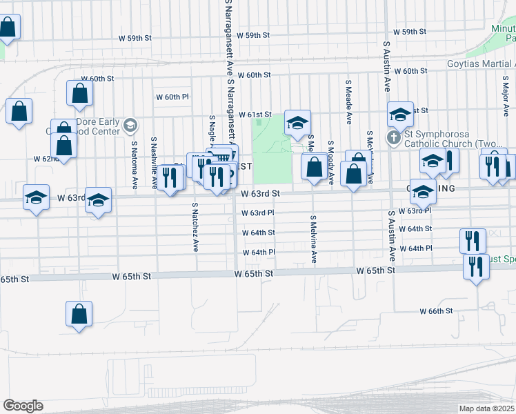 map of restaurants, bars, coffee shops, grocery stores, and more near 6333 West 63rd Place in Chicago
