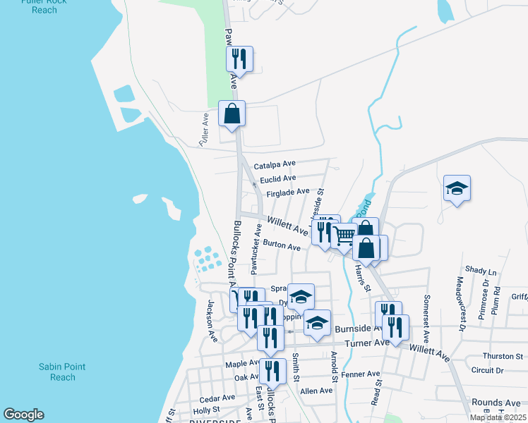 map of restaurants, bars, coffee shops, grocery stores, and more near 8 Goodall Place in East Providence