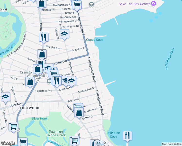 map of restaurants, bars, coffee shops, grocery stores, and more near 52 Columbia Avenue in Cranston