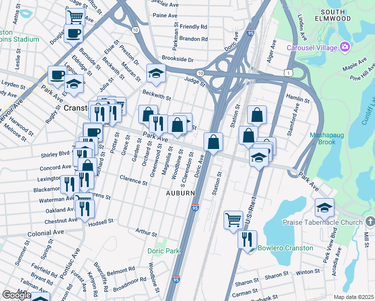 map of restaurants, bars, coffee shops, grocery stores, and more near 156 Woodbine Street in Cranston