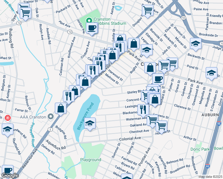 map of restaurants, bars, coffee shops, grocery stores, and more near 127 Shirley Boulevard in Cranston