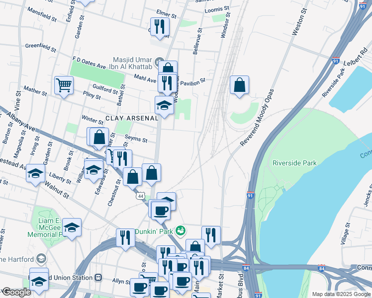 map of restaurants, bars, coffee shops, grocery stores, and more near 2-98 New Donald St in Hartford