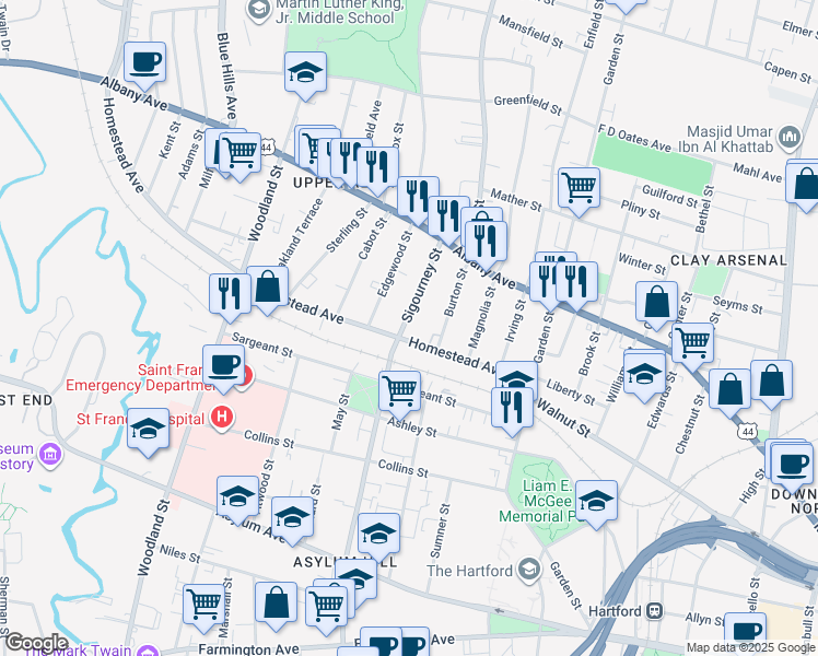 map of restaurants, bars, coffee shops, grocery stores, and more near 111 Homestead Avenue in Hartford