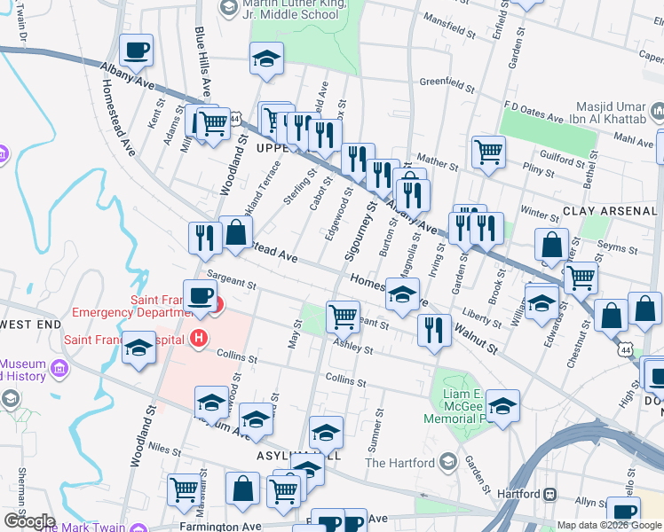 map of restaurants, bars, coffee shops, grocery stores, and more near 111 Homestead Avenue in Hartford