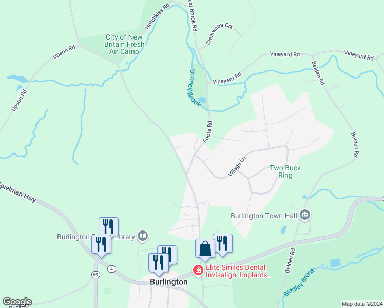 map of restaurants, bars, coffee shops, grocery stores, and more near 5 Foote Road in Burlington