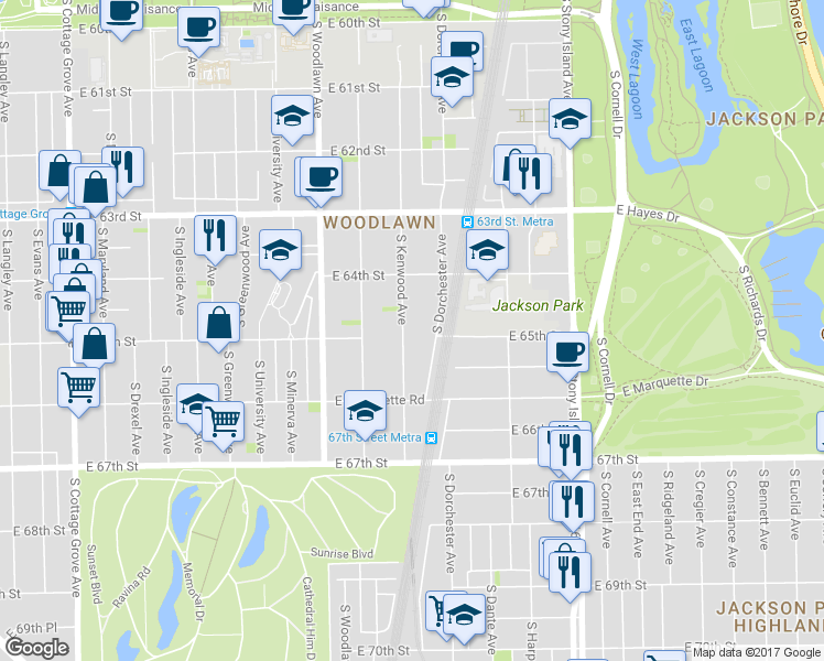 map of restaurants, bars, coffee shops, grocery stores, and more near 6511 South Kenwood Avenue in Chicago