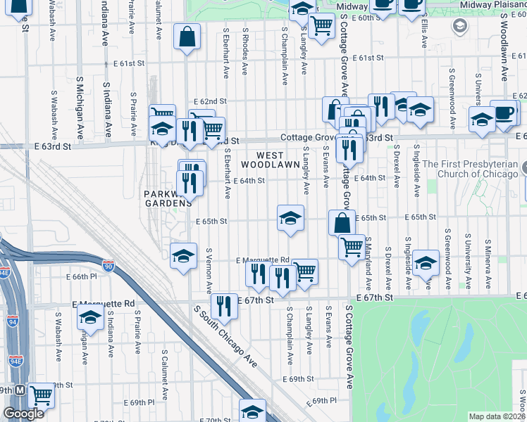 map of restaurants, bars, coffee shops, grocery stores, and more near 6503 South Saint Lawrence Avenue in Chicago