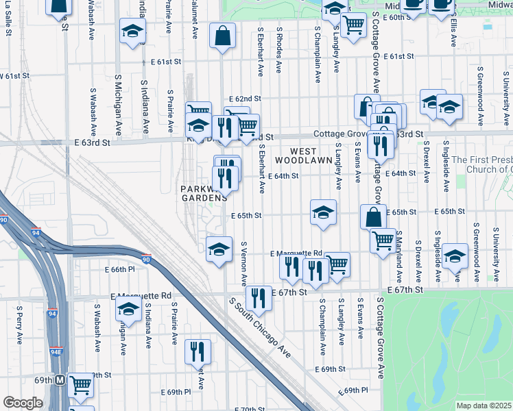 map of restaurants, bars, coffee shops, grocery stores, and more near 6500 South Eberhart Avenue in Chicago