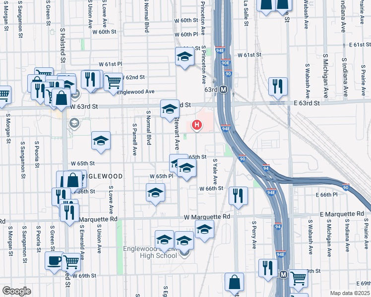 map of restaurants, bars, coffee shops, grocery stores, and more near 6534 South Harvard Avenue in Chicago