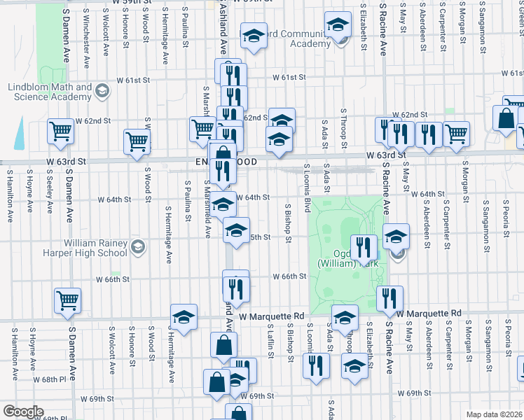 map of restaurants, bars, coffee shops, grocery stores, and more near 6439 South Laflin Street in Chicago