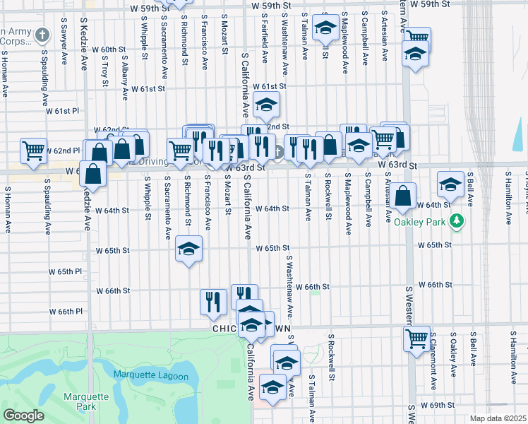map of restaurants, bars, coffee shops, grocery stores, and more near 6425 South California Avenue in Chicago