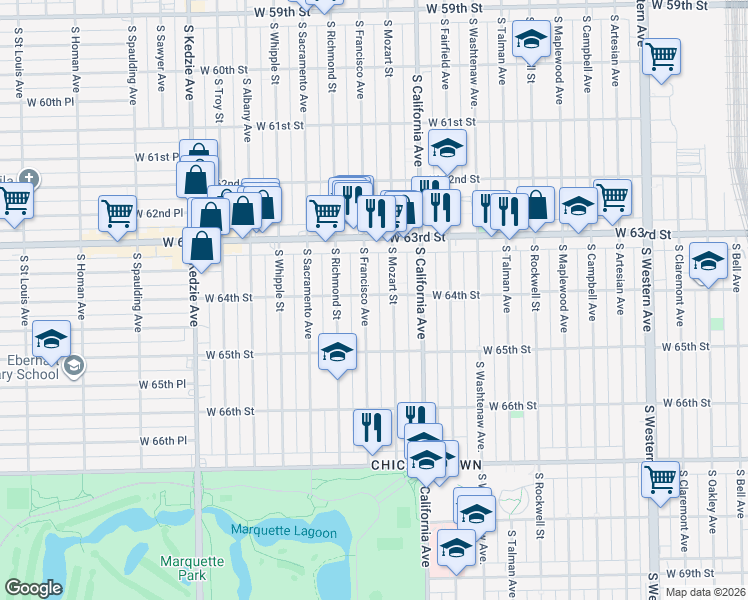 map of restaurants, bars, coffee shops, grocery stores, and more near 6422 South Francisco Avenue in Chicago