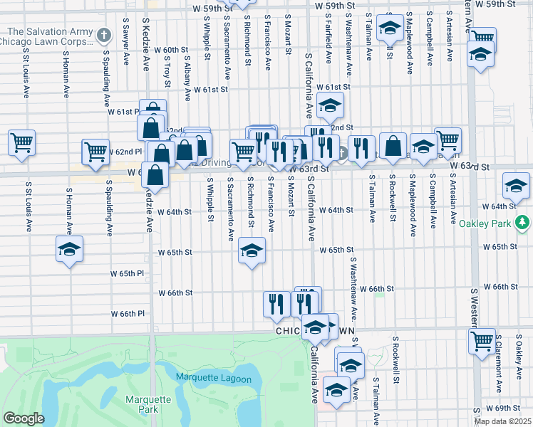map of restaurants, bars, coffee shops, grocery stores, and more near 6422 South Francisco Avenue in Chicago