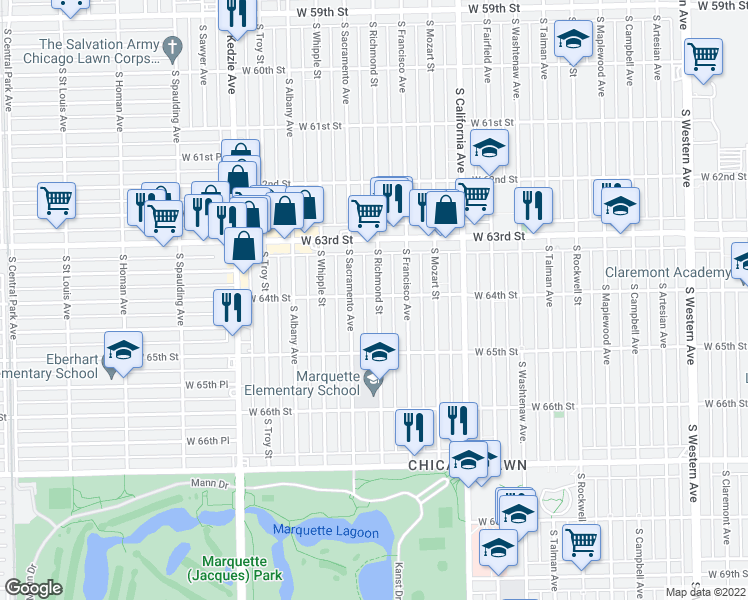 map of restaurants, bars, coffee shops, grocery stores, and more near 6420 South Richmond Street in Chicago