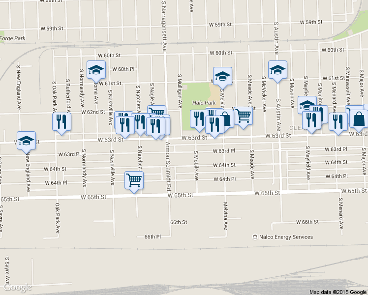 map of restaurants, bars, coffee shops, grocery stores, and more near 6333 West 63rd Place in Chicago