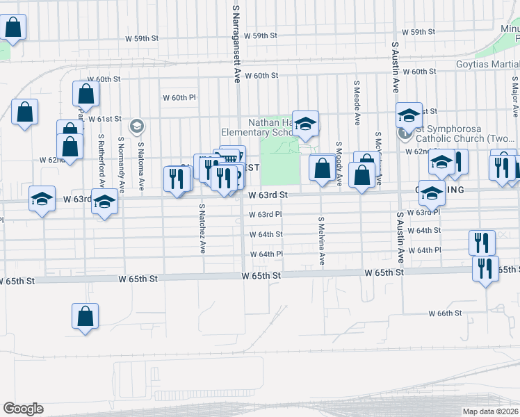 map of restaurants, bars, coffee shops, grocery stores, and more near 6329 West 63rd Place in Chicago
