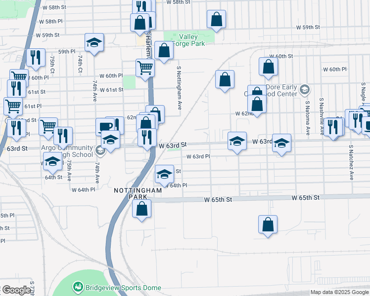 map of restaurants, bars, coffee shops, grocery stores, and more near 7053 West 63rd Place in Chicago