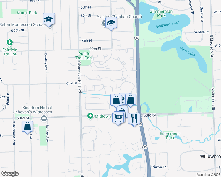 map of restaurants, bars, coffee shops, grocery stores, and more near 6156 Knoll Way Drive in Willowbrook
