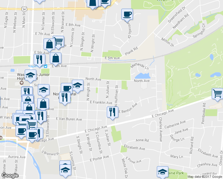 map of restaurants, bars, coffee shops, grocery stores, and more near in Naperville